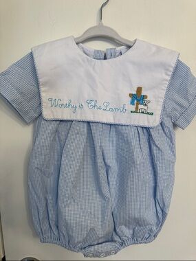 Worthy is the Lamb Blue Gingham Baby One-Piece